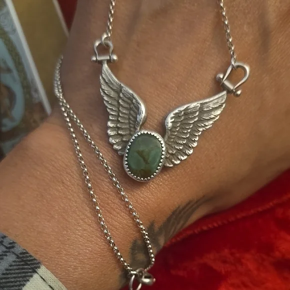 Silver Wings Necklace with Green Fox Turqouise - Picture 4 of 5